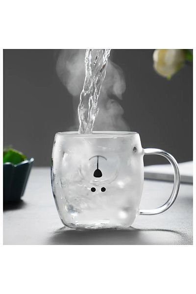 Herum Set de 4 căni cu pereți dubli, model ursuleț de pluș, rezistente la căldură, transparente, 260 ml