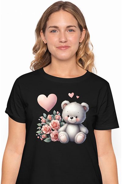 StoryGift Romania Tricou Femei cu un ursulet de plus, ilustratie, inima, funda, buchet cu flori, l BLK_XS