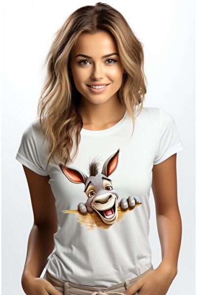 StoryGift Romania Tricou Femei cu un magar care se uita peste gard, animal supus, ilustratie, vese WHT_L