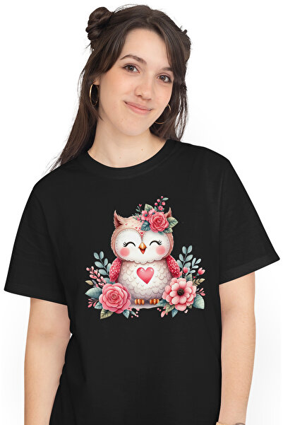 StoryGift Romania Tricou Femei cu o bufnita dragalasa, ilustratie, flori, roz...