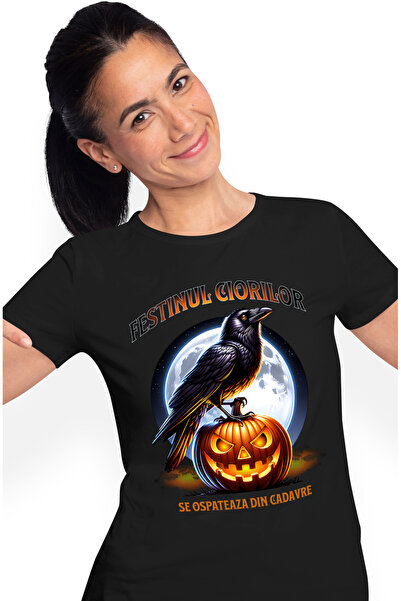 StoryGift Romania Tricou Femei festinul ciorilor se ospateaza din cadavre H4ALLowen cu imprimeu pe BLK_XS
