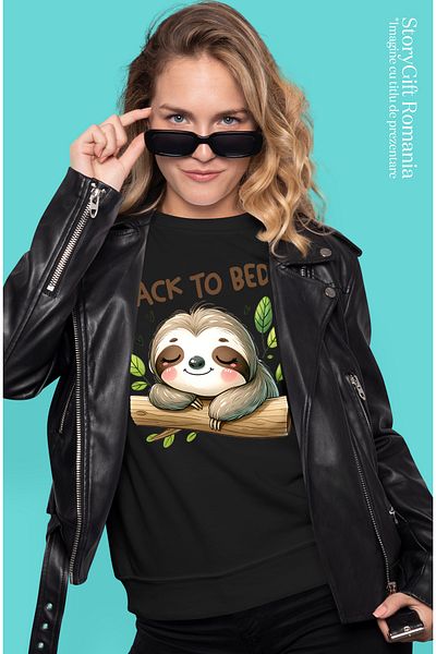 StoryGift Romania Women's T-shirt with sloth/lazy animal with the message "Back to bed", illustration, fun BLK_L