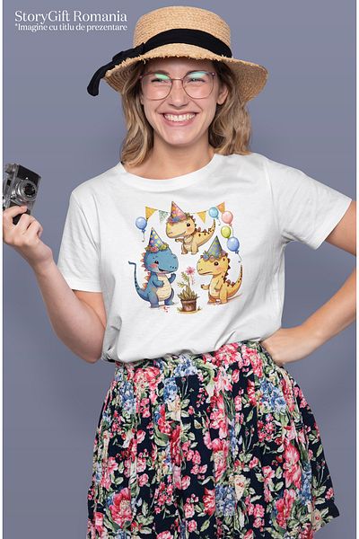StoryGift Romania Tricou Femei Cu Niste Dinozauri La O Petrecere, Ilustratie, Floare, Baloane, Ani Wht_l