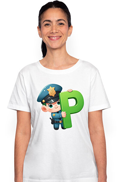 StoryGift Romania Tricou Femei cu un politist care tine litera "P", ilustrati...
