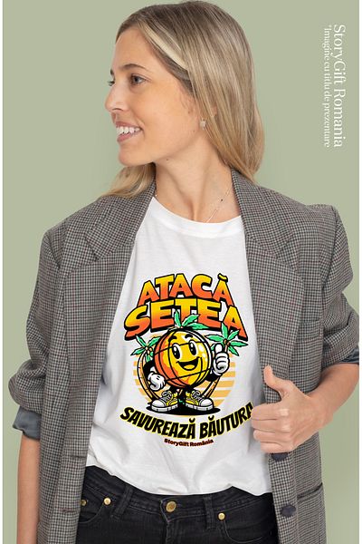 StoryGift Romania Women's T-shirt Attack thirst, enjoy the orange beach drink with print on the front, WHT_S