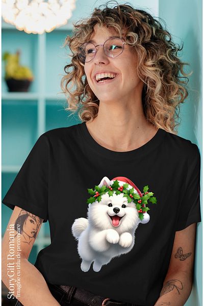 StoryGift Romania Tricou Femei cu un catel blanos, ilustratie, alb, topaie de fericire, caciula de BLK_L