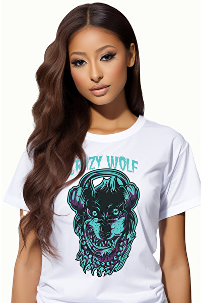 StoryGift Romania Tricou Femei Cu Portret Caine Lup Cu Medalion De aur Gros Si Casti Audio Pe Cap, WHT_XL