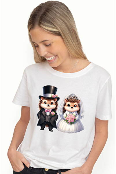 StoryGift Romania Tricou Femei cu 2 arici la nunta, rochie de mireasa, costum...