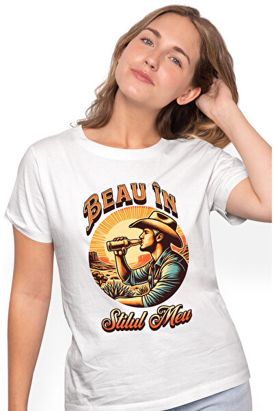 StoryGift Romania Tricou Femei Beau în stilul meu om cowboy in natura bere cu imprimeu pe Fata, 10 WHT_S