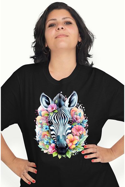 StoryGift Romania Women's T-shirt with a serious zebra, illustration, flowers, nature, jungle, abstract, a BLK_L