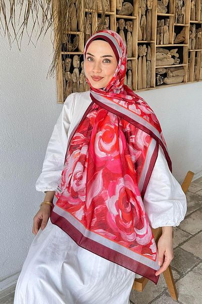 lamelif Flower Pattern Cotton Shawl Claret Red
