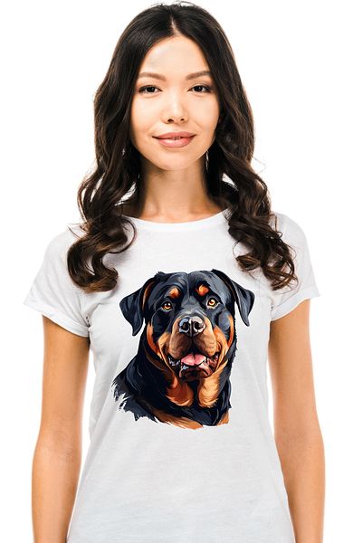 StoryGift Romania Tricou Femei cu un caine Rottweiler, ilustratie, curios, bucuros, jucaus, priete WHT_XS
