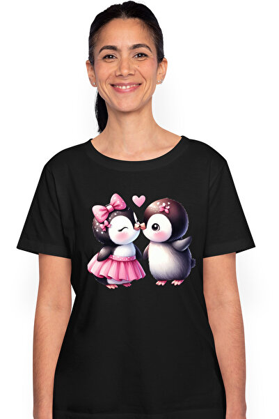 StoryGift Romania Tricou Femei cu 2 pinguini apropiati, ilustratie, se saruta...