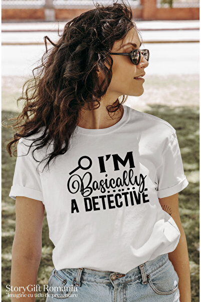 StoryGift Romania Tricou Femei cu o lupa si mesajul "I'm basically a detective" - practic sunt det WHT_XS