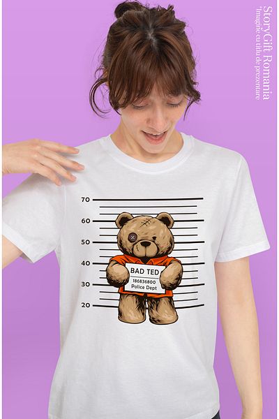 StoryGift Romania Tricou Femei Cu Urs De Plus, Inchisoare, Politie, Multicolor cu imprimeu pe Fat WHT_M