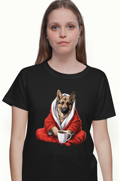 StoryGift Romania Tricou Femei cu un caine lup care are un capod rosu, ilustratie, Tricou Femei cu BLK_S