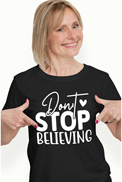 StoryGift Romania Tricou Femei cu inimioara si mesaj motivational "Don't stop believing" - nu ince BLK_M
