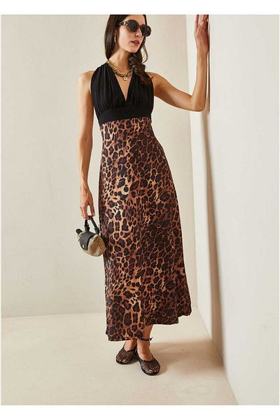 stilsepeti Women's Black Leopard Print Halter Midi Dress Tll-10001012