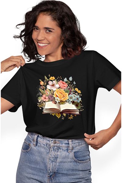 StoryGift Romania Tricou Femei cu o carte deschisa, ilustratie, flori, galbene, albastre, lectura, BLK_XL