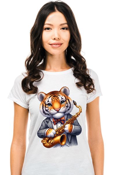 StoryGift Romania Women's T-shirt with a tiger holding a saxophone, illustration, melody, instrument m WHT_L