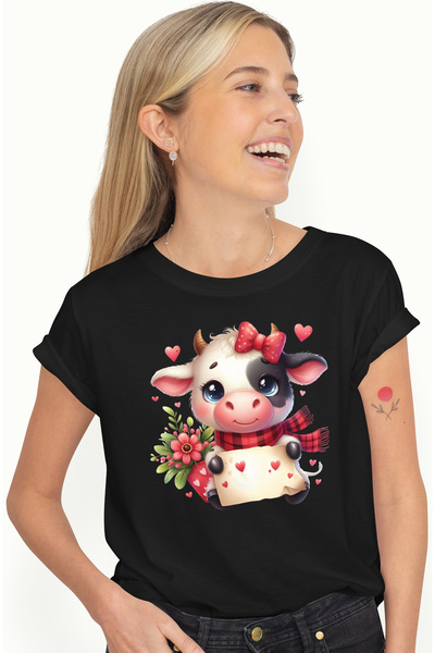 StoryGift Romania Tricou Femei cu o vacuta vesela care tine o scrisoare, ilus...