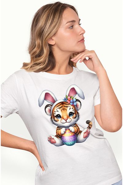 StoryGift Romania Women's T-shirt with a tiger cub with bunny ears, illustration, Easter holidays WHT_S