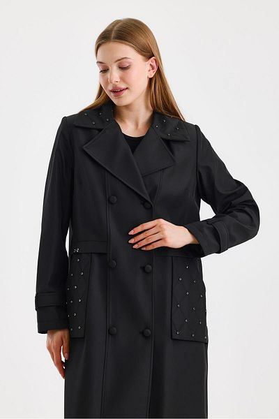 Zühre Double Breasted Collar Double Pocket Black Topcoat 13600