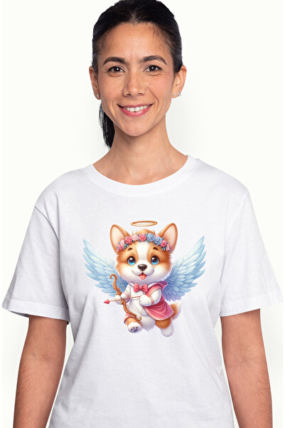 StoryGift Romania Tricou Femei cu un catel vesel Cupidon care trage cu arcul, ilustratie, aripi, i WHT_L