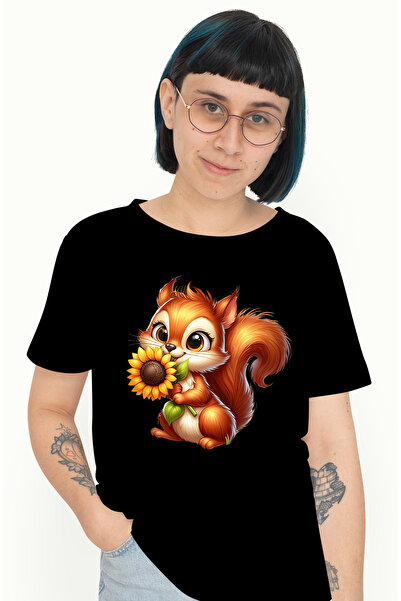 StoryGift Romania Tricou Femei cu o veverita vesela care tine o floare, ilust...