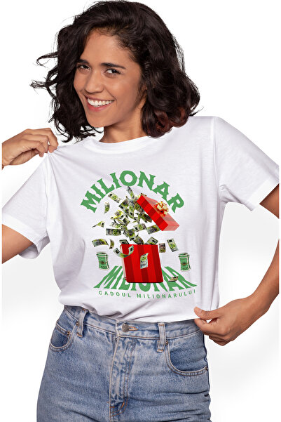StoryGift Romania Tricou Femei Milionar - Cadoul Milionarului, cu imprimeu pe Fata, 100% Bumbac, WHT_M