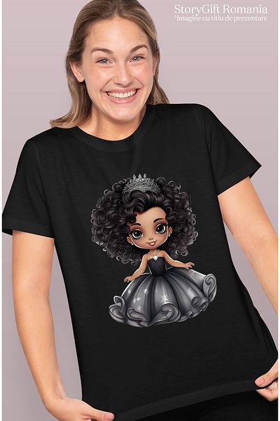 StoryGift Romania Tricou Femei cu o fetita de culoare, ilustratie, coronita, rochie, vesela, bucur BLK_L