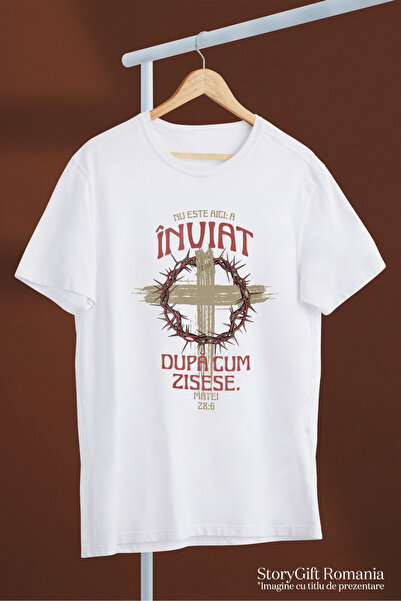 StoryGift Romania Tricou Femei cruce Iisus a inviat paste sarbatori familie cu imprimeu pe Fata, 1 WHT_M