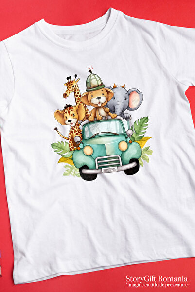 StoryGift Romania Tricou Femei Cu Animale Din Jungla Care Se Plimba Cu O Masina, Ilustratie, Giraf Wht_l
