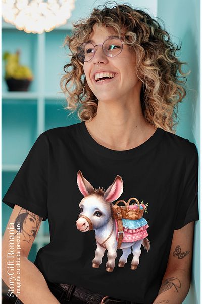 StoryGift Romania Tricou Femei Cu Un Magarus Care Tine Un Cosulet, Ilustratie, Calatorie, Plante, Blk_l