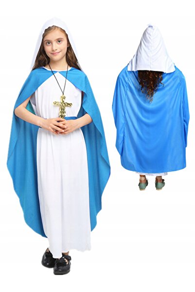 zola Costum pentru copii, Sfanta Maria, 6-12 ani, roba, pelerina, centura din material, alb cu albastru