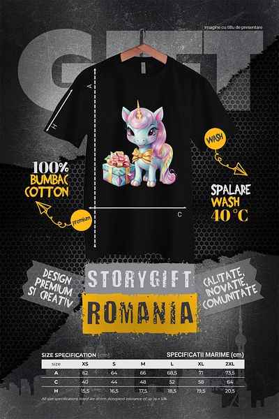 StoryGift Romania Tricou Femei cu un unicorn vesel, ilustratie, cadou, dar, aniversare, cu imprim BLK_XL