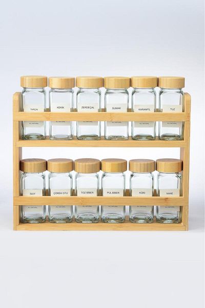 MİEN Mien Bamboo Spice Rack with Stand and Bamboo Lid 25 Piece Countertop
