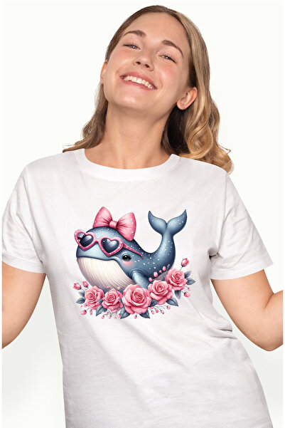 StoryGift Romania Tricou Femei cu o balena vesela care poarta niste ochelari in forma de inimioare WHT_XL