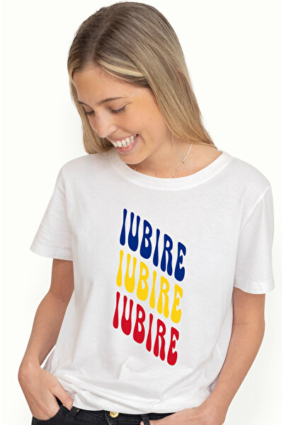 StoryGift Romania Tricou Femei Cuvantul Iubire, in Culorile Steagului Romaniei, Rosu, Galben, Alba WHT_M