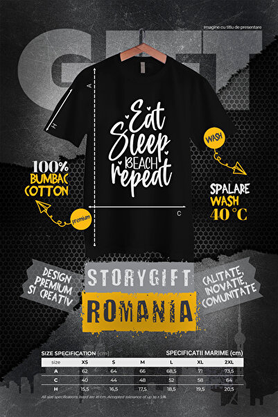 StoryGift Romania Tricou Femei cu inimioare si mesajul "Eat sleep, beach, rep...
