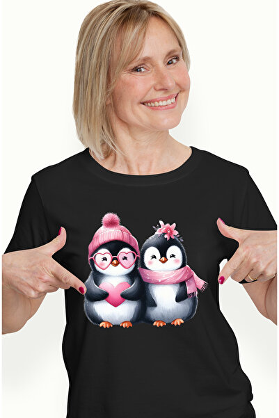 StoryGift Romania Tricou Femei cu 2 pinguini imbujorati, ilustratie, ochelari...