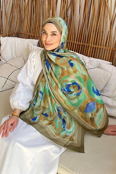 lamelif Flower Pattern Cotton Shawl Army Green