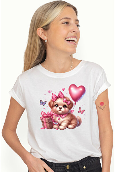 StoryGift Romania Tricou Femei cu o catelusa imbujorata, timida, ilustratie, cadou, fluturasi, ini WHT_S