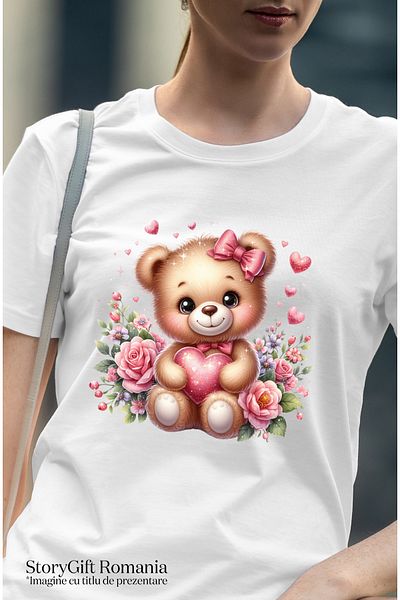 StoryGift Romania Tricou Femei Cu Un Ursulet De Plus Care Tine O Inima In Brate, Ilustratie, Trand Wht_l