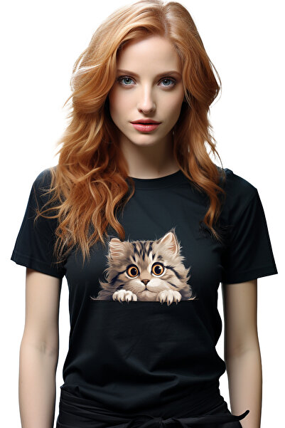 StoryGift Romania Tricou Femei cu o pisicuta uimita, ilustratie, speriata, pe...