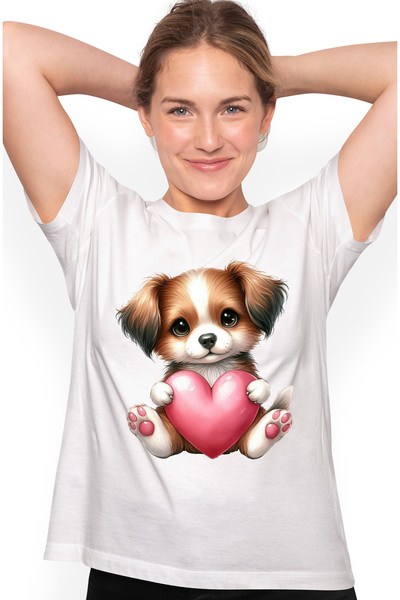 StoryGift Romania Tricou Femei cu un catel care tine o inima, ilustratie, afe...