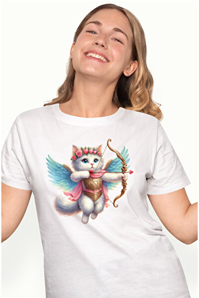StoryGift Romania Tricou Femei cu o pisicuta Cupidon, ilustratie, aripi, trage cu arcul, indragost WHT_S