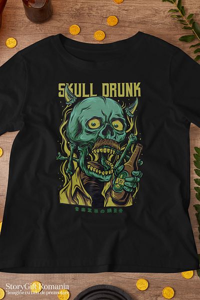 StoryGift Romania Women's T-Shirt With Skeleton Portrait Skull Man With Orange Shirt And Horns, Glass BLK_M
