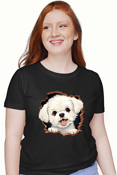 StoryGift Romania Tricou Femei cu un catelus Bichon Frise, caine, animal de companie, ilustratie, BLK_L