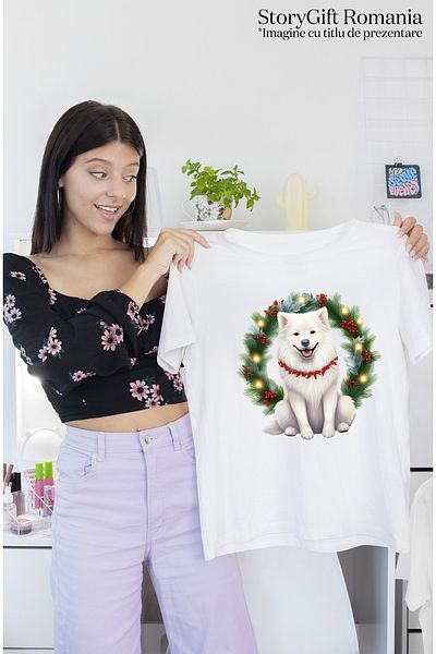 StoryGift Romania Tricou Femei cu un caine alb cu un lant din vasc la gat, ilustratie, coroana, sa WHT_S